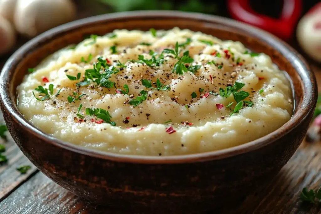 A bowl of creamy turnip puree garnished with fresh herbs and pepper, served in a rustic setting.
