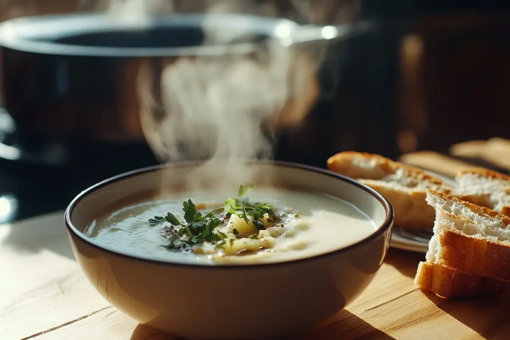 A cozy bowl of creamy turnip soup garnished with fresh herbs and served with rustic bread.