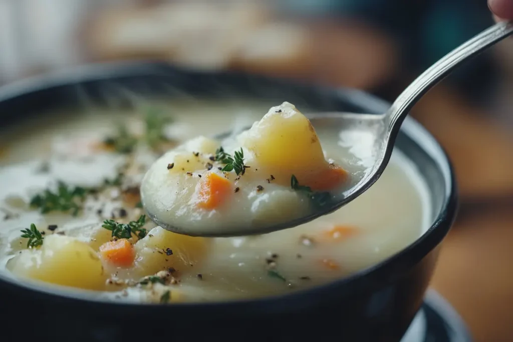 A spoon scooping a creamy, hearty serving of turnip and potato soup, with visible chunks of vegetables and a velvety texture.