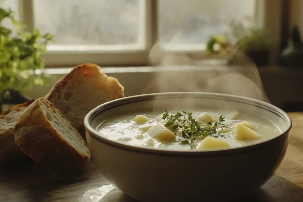 A steaming bowl of homemade turnip and potato soup garnished with fresh herbs, served with a side of rustic bread in a cozy kitchen.