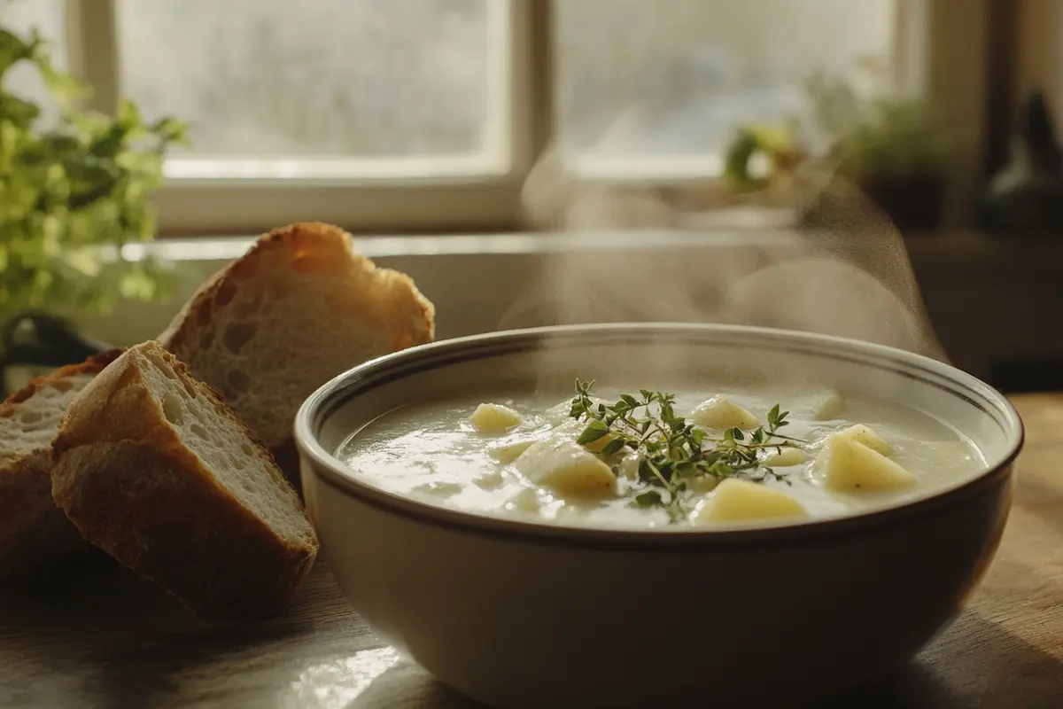 A steaming bowl of homemade turnip and potato soup garnished with fresh herbs, served with a side of rustic bread in a cozy kitchen.