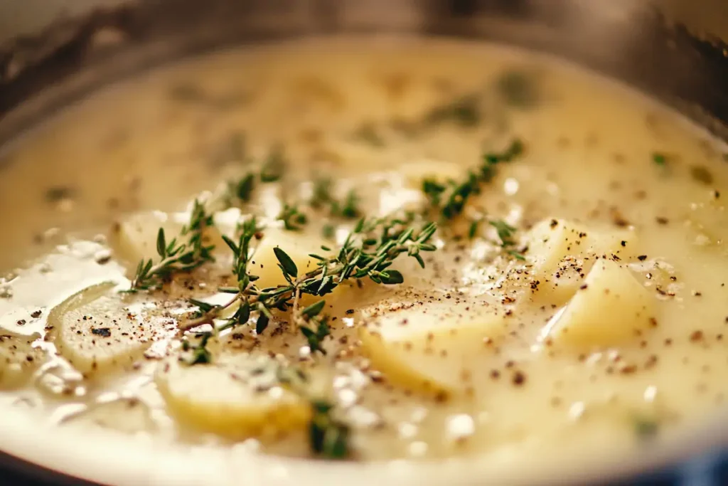 Simmering turnip and potato soup with fresh thyme and rosemary, slowly cooking in a pot on the stove.