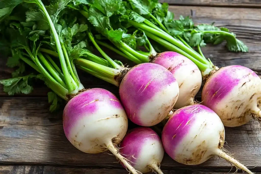 Fresh purple and white turnips with leafy green tops on a rustic wooden surface.