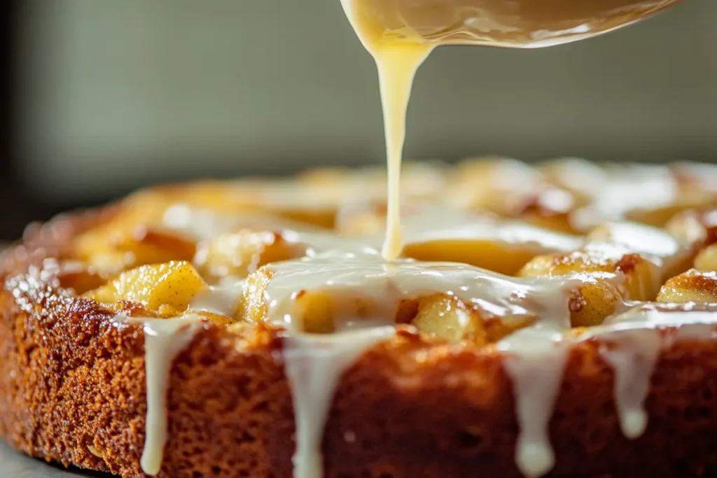 Apple fritter cake with a shiny glaze being poured over it.