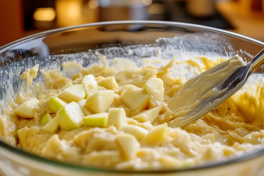 Mixing apple fritter cake batter in a large mixing bowl with visible apple chunks.