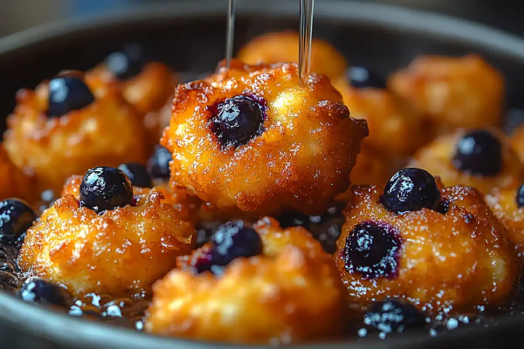 Deep-fried blueberry fritters being made with blueberries and batter.