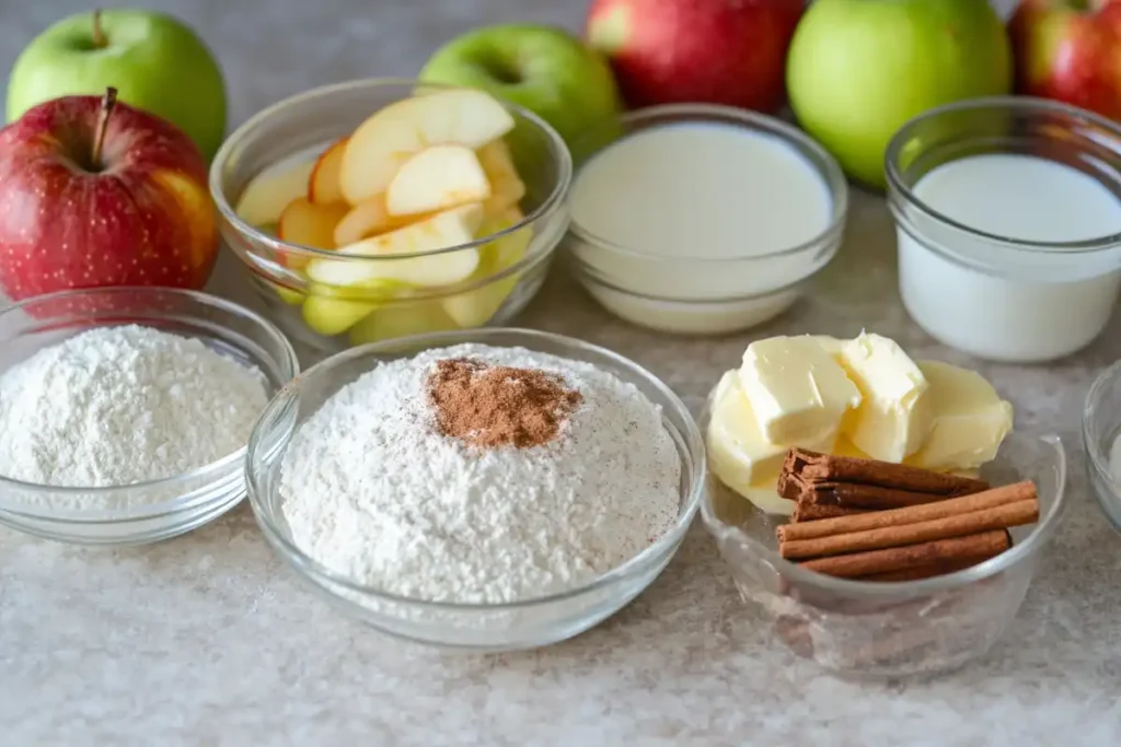 All ingredients needed for apple fritter cake arranged on a countertop, including apples, flour, butter, sugar, and cinnamon.