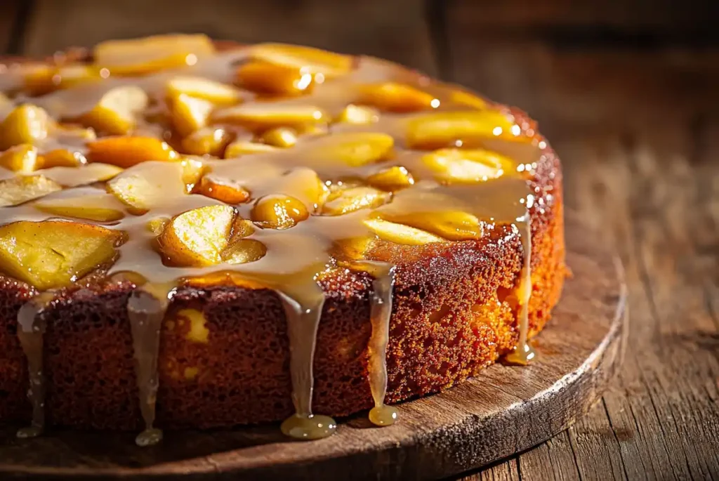 Apple fritter cake with glaze and chunks of apples visible on a rustic wooden table.