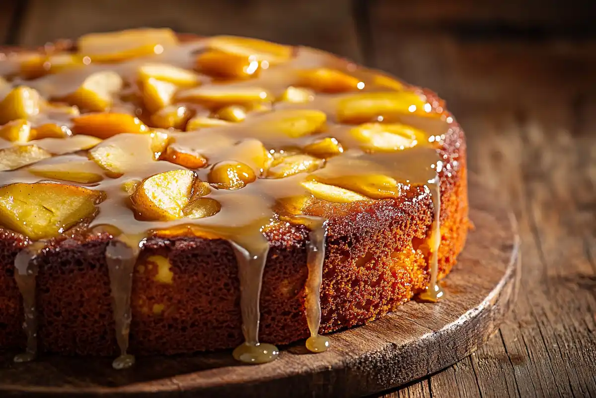 Apple fritter cake with glaze and chunks of apples visible on a rustic wooden table.
