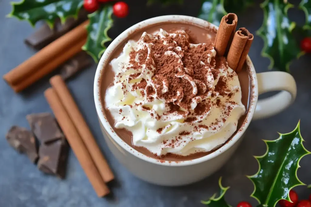 A cup of creamy chocolate eggnog topped with whipped cream and a sprinkle of cocoa powder.