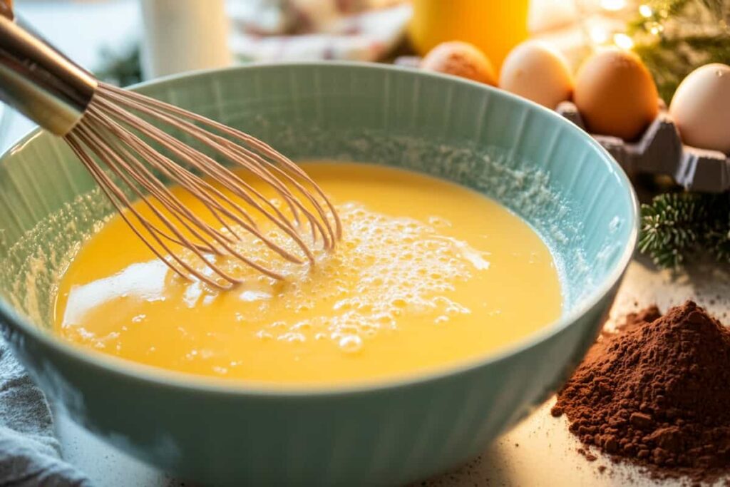 Whisking eggs and sugar for homemade chocolate eggnog.