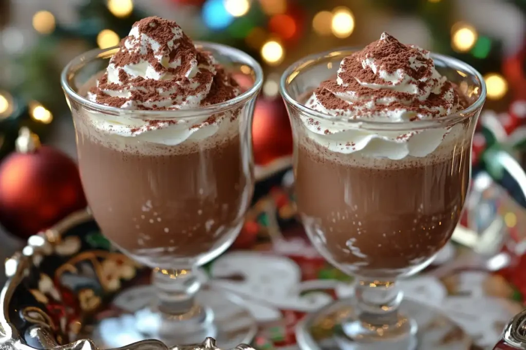 Chilled chocolate eggnog served in glass with a sprinkle of cocoa powder.