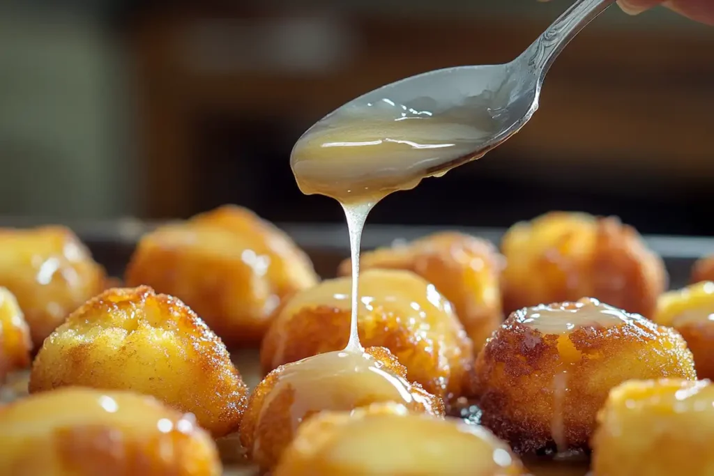 Drizzling sweet glaze over freshly fried apple fritter bites.