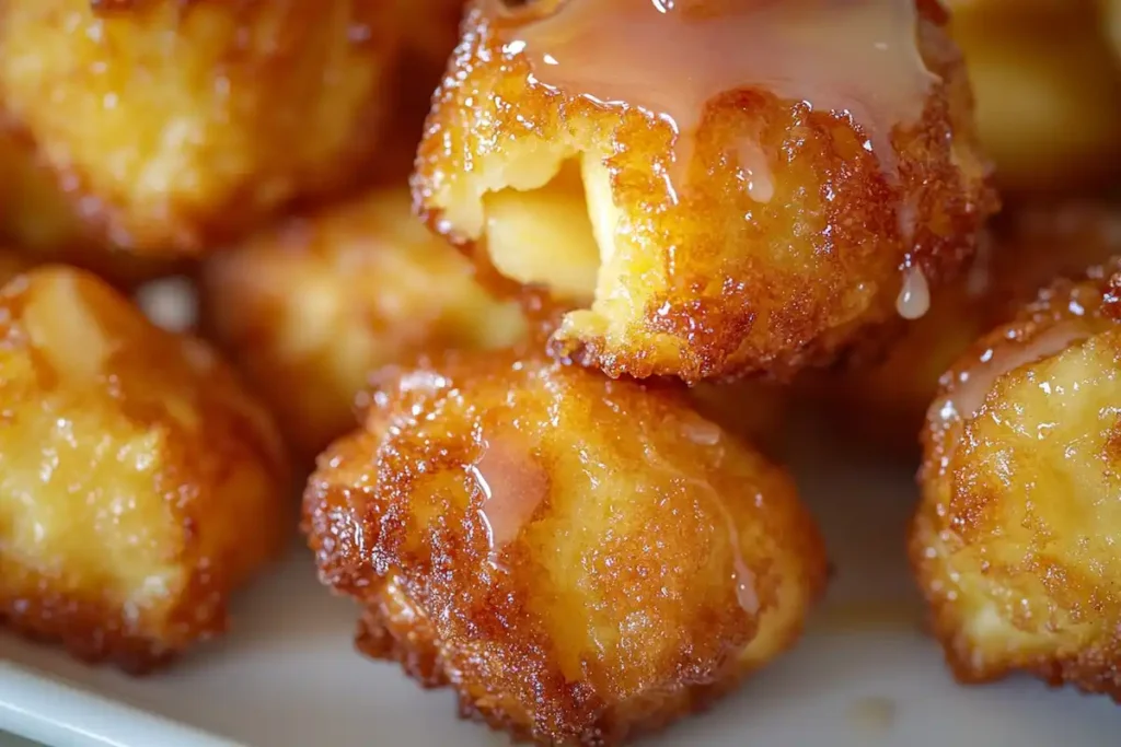 Apple fritter bites served on a plate with a sweet glaze drizzle.