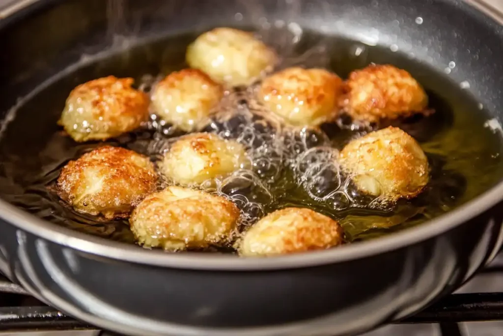 Frying apple fritter bites in hot oil until golden brown.
